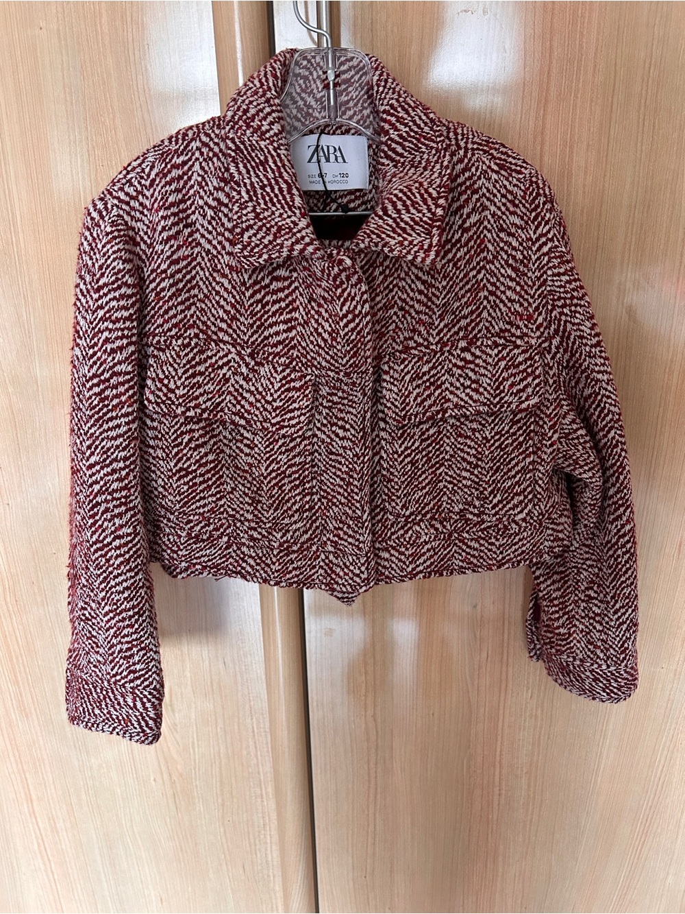 Zara Red and White Textured Cropped Blazer